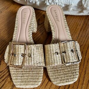 Bamboo Women's Cream & Gold Woven Mules with Buckle